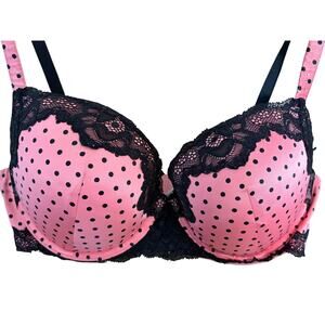 Pleasure State 38C Pink Black Polka Dot Lace Bra Pin Up Retro Coquette Feminine